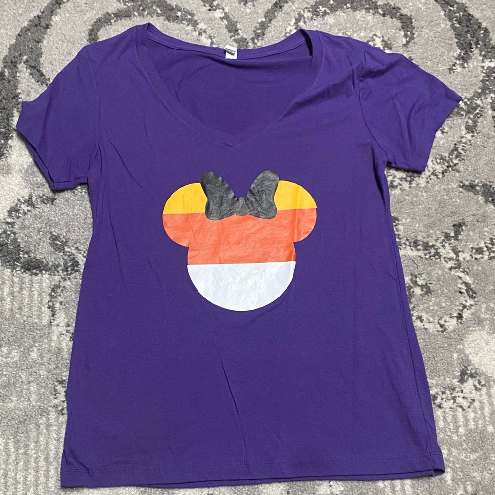 Purple Disney Minnie Mouse Halloween Candy Corn Graphic Short Sleeve V-neck Tee